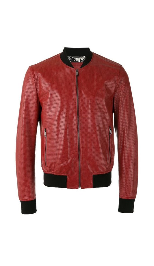 Dolce & Gabbana Red Leather Perforated Bomber Jacket
