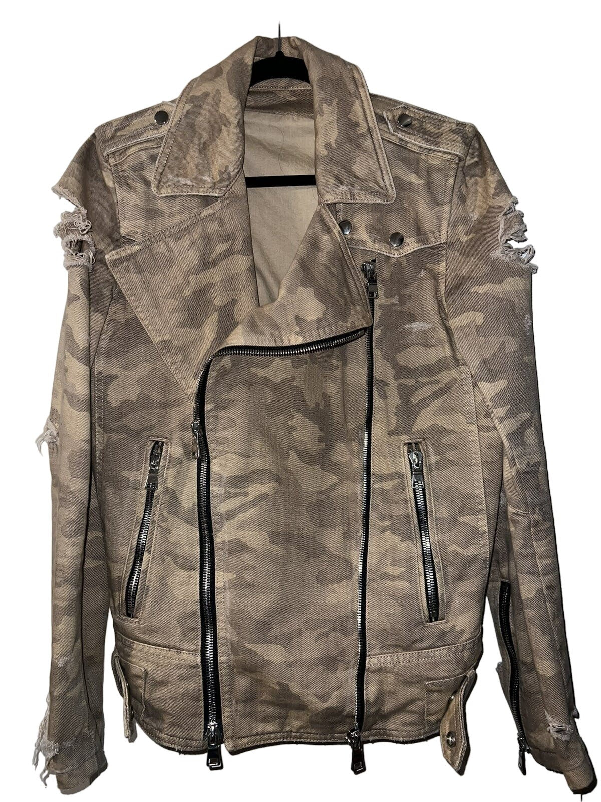 Balmain Destroyed Camouflage Print Biker Jacket