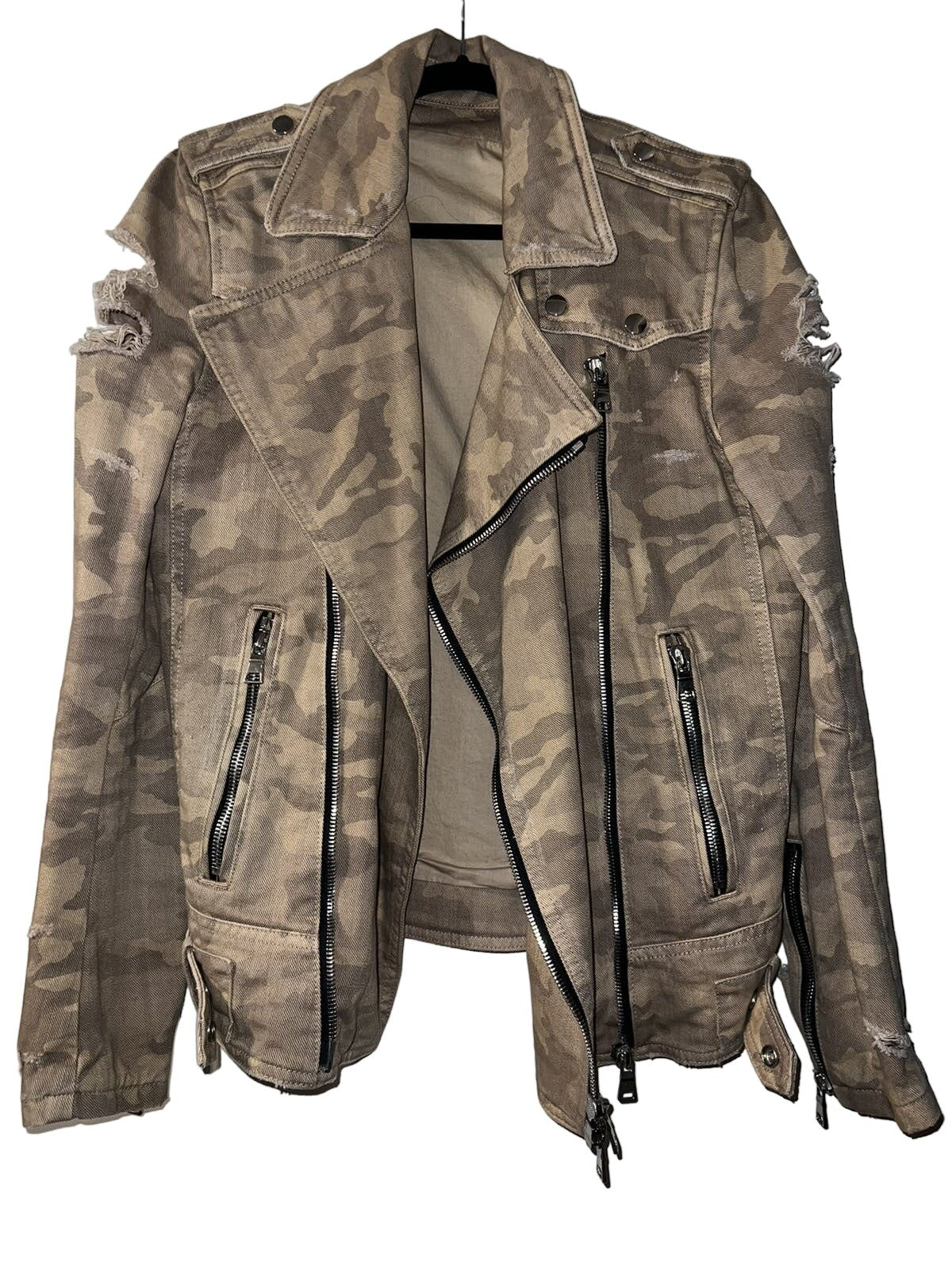 Balmain Destroyed Camouflage Print Biker Jacket