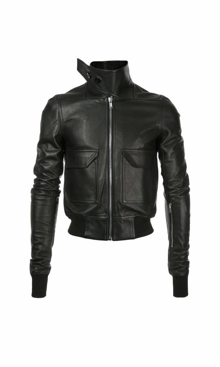 Rick Owens Calf Leather Oblong Collar Bomber Jacket