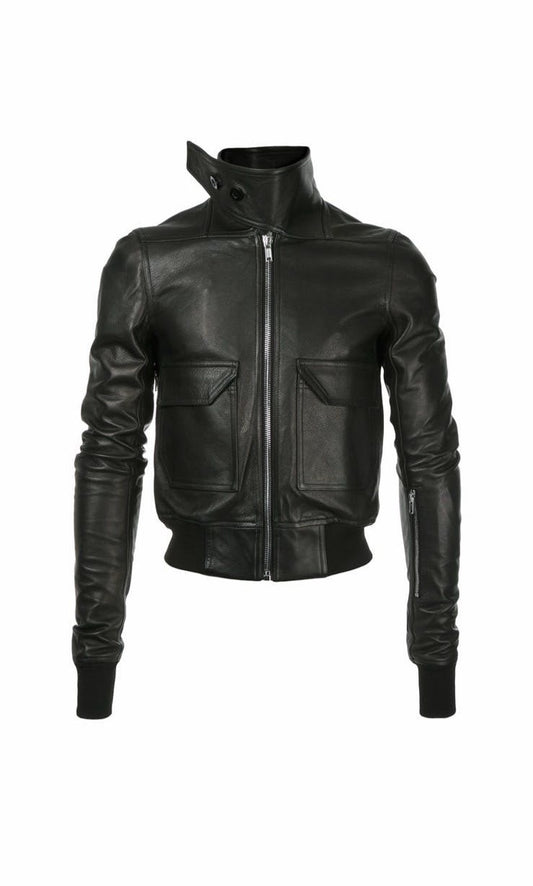 Rick Owens Calf Leather Oblong Collar Bomber Jacket
