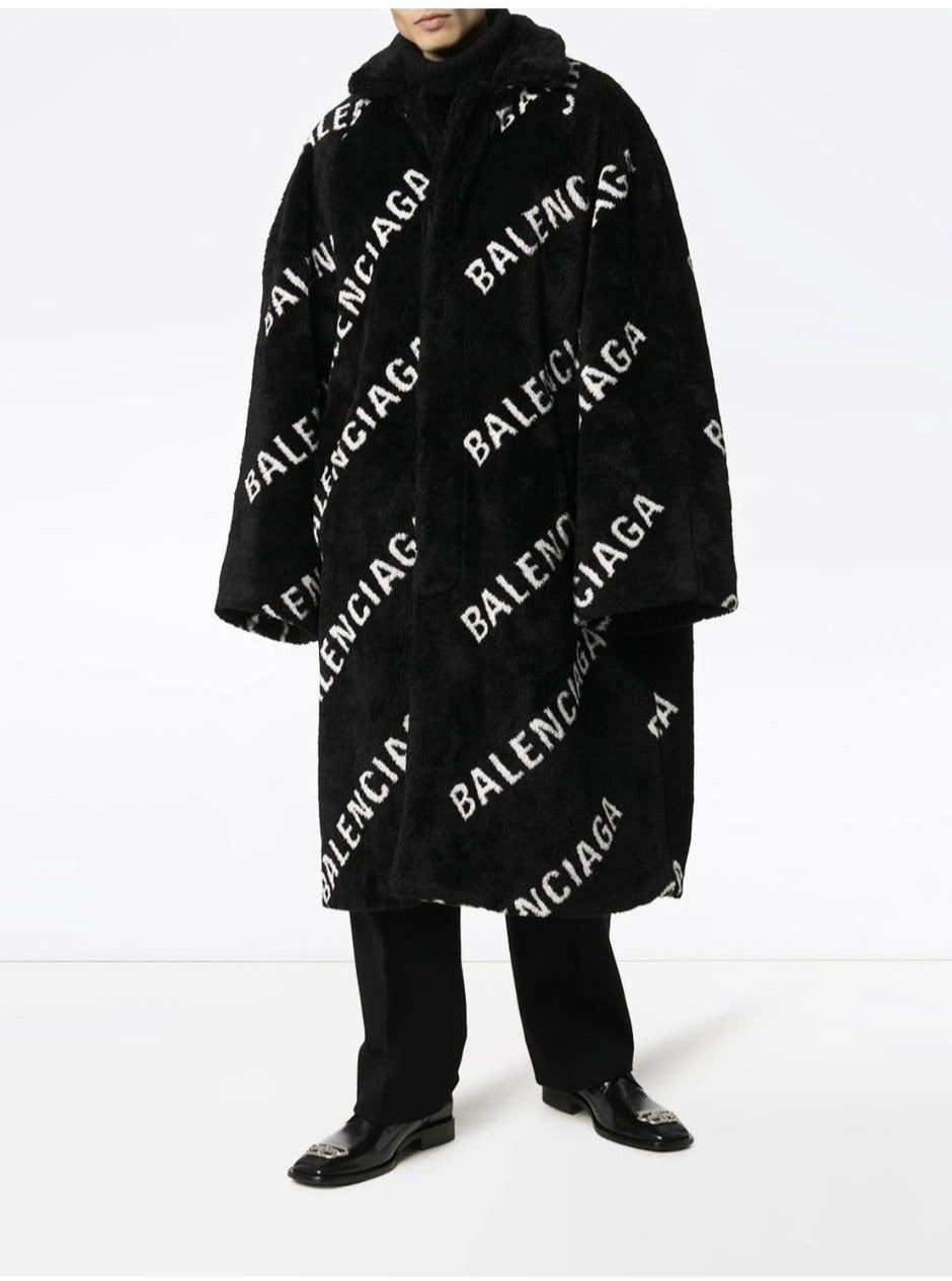 Balenciaga Logo-Print Fur Coat