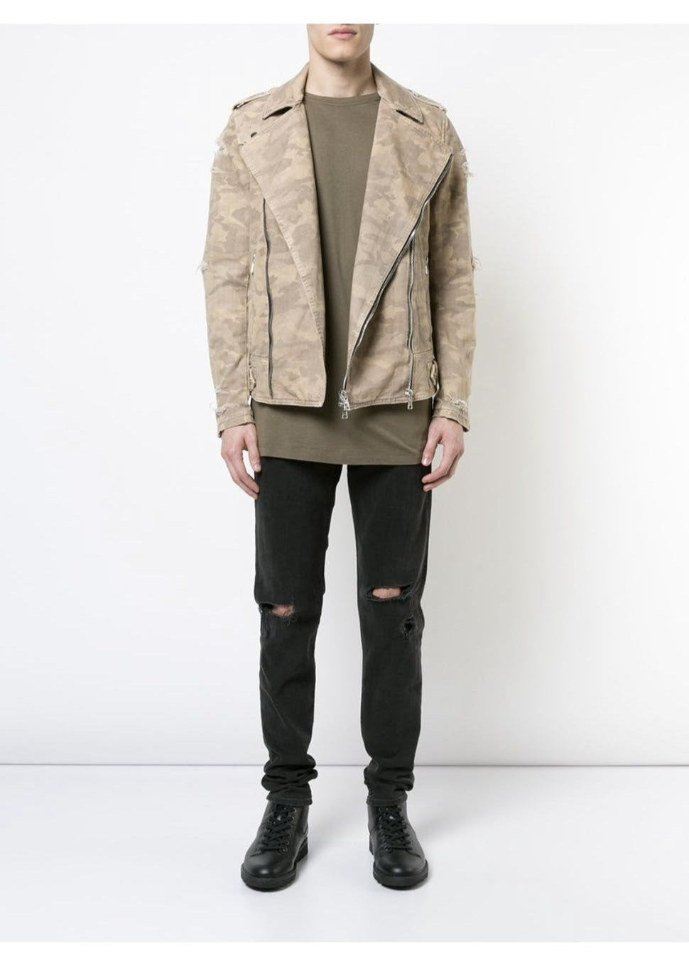 Balmain Destroyed Camouflage Print Biker Jacket