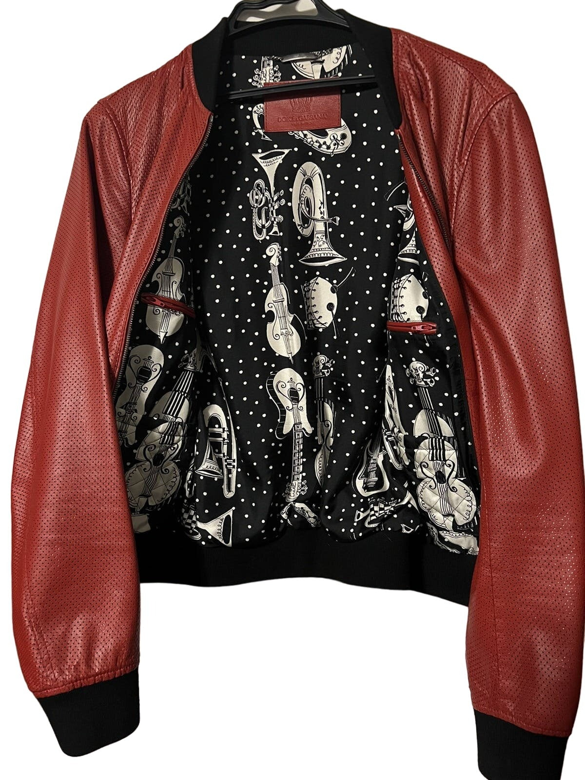 Dolce & Gabbana Red Leather Perforated Bomber Jacket