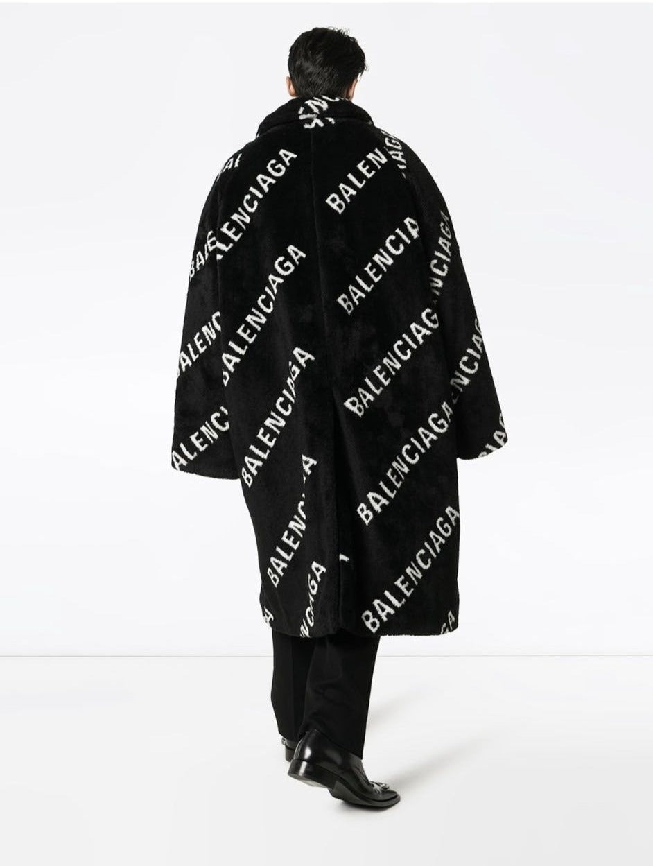Balenciaga Logo-Print Fur Coat