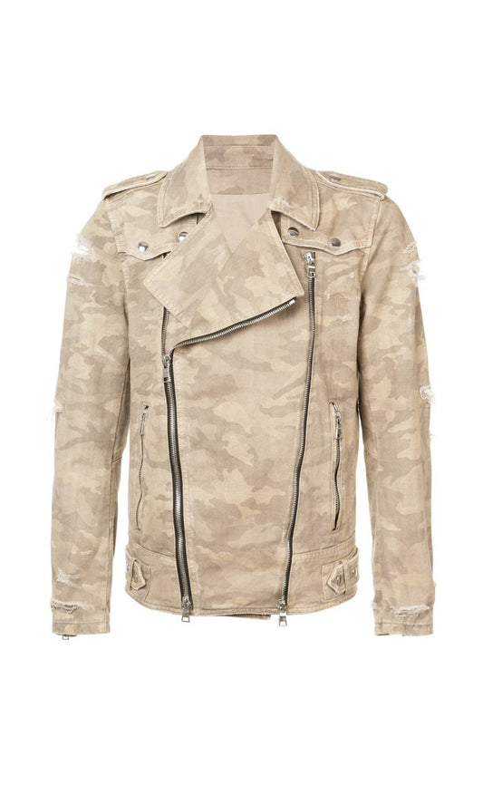 Balmain Destroyed Camouflage Print Biker Jacket