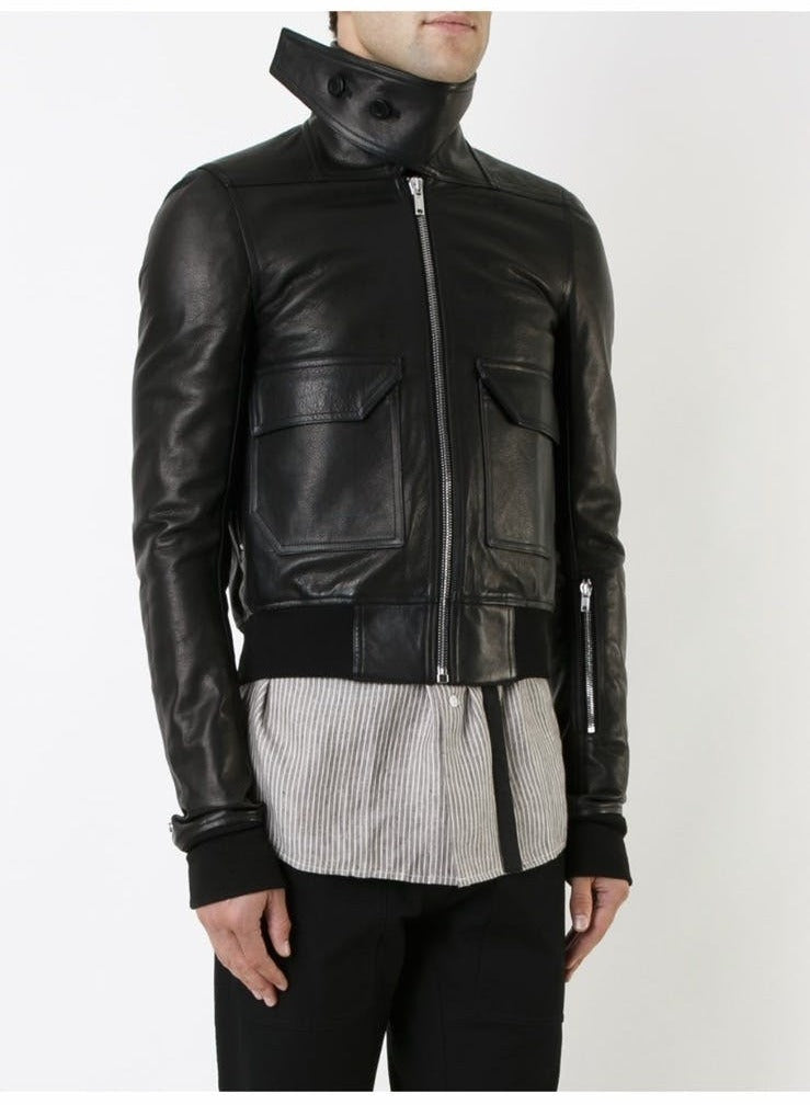 Rick Owens Calf Leather Oblong Collar Bomber Jacket
