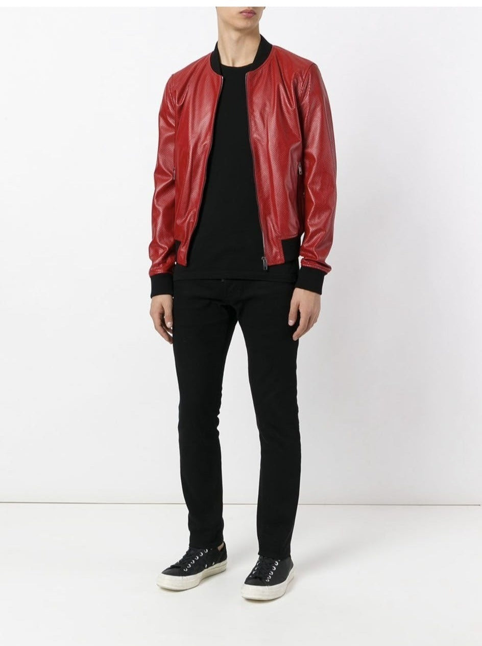 Dolce & Gabbana Red Leather Perforated Bomber Jacket