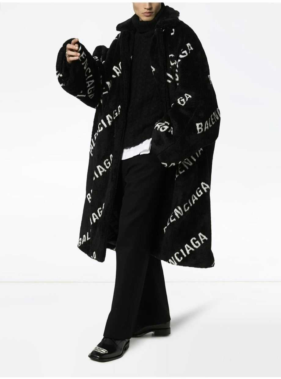 Balenciaga Logo-Print Fur Coat