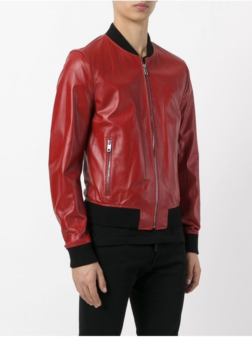 Dolce & Gabbana Red Leather Perforated Bomber Jacket